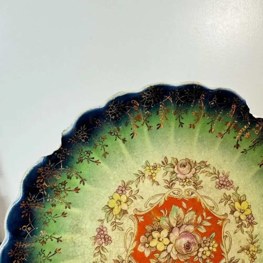 Vintage Leigh Ware Scalloped Dessert Plate Cobalt Blue Floral 22K Gold Chip